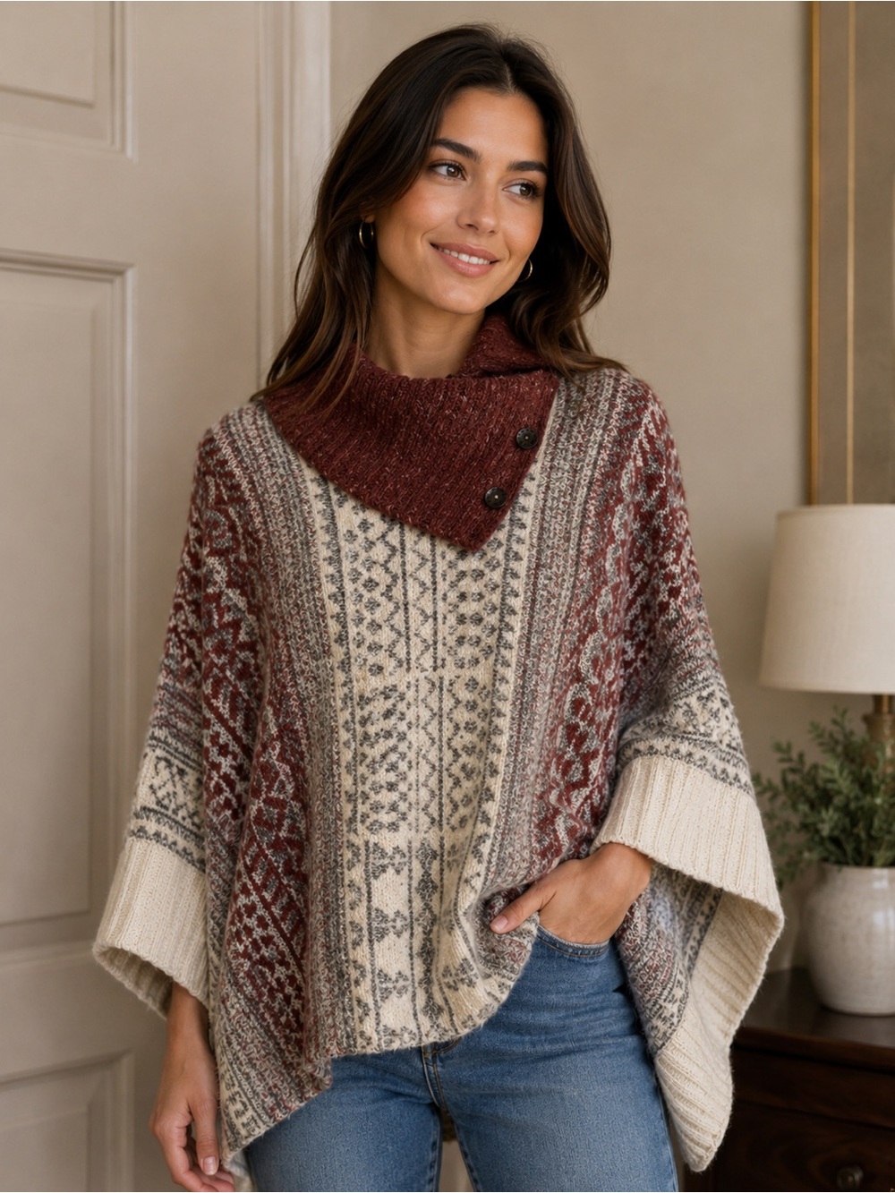 Forever 21 Maroon and Cream Patterned Knit Poncho with Buttoned Cowl